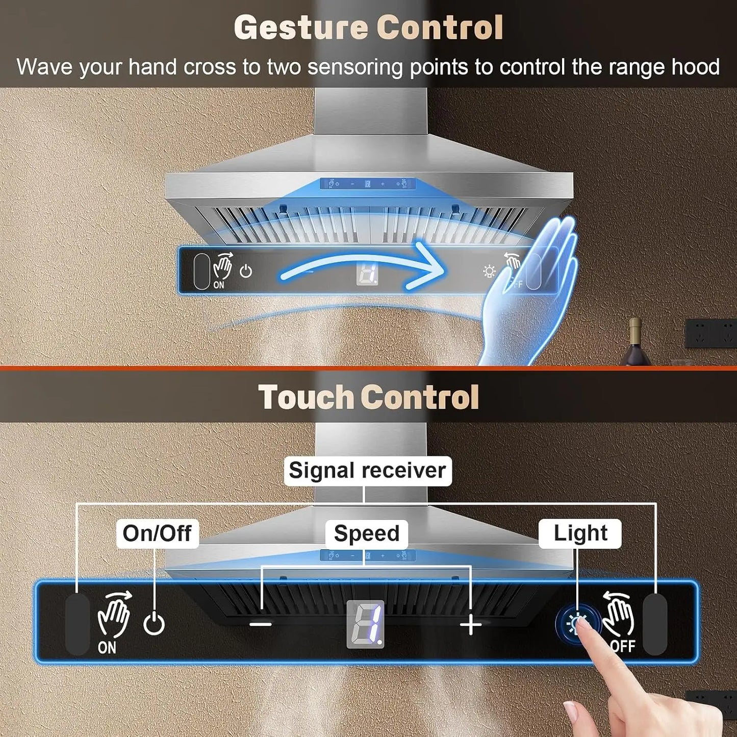 24 Inch Wall Mount 450CFM Stainless Kitchen Vent Gesture Sensing & Touch Control 3 Speed Range Hood