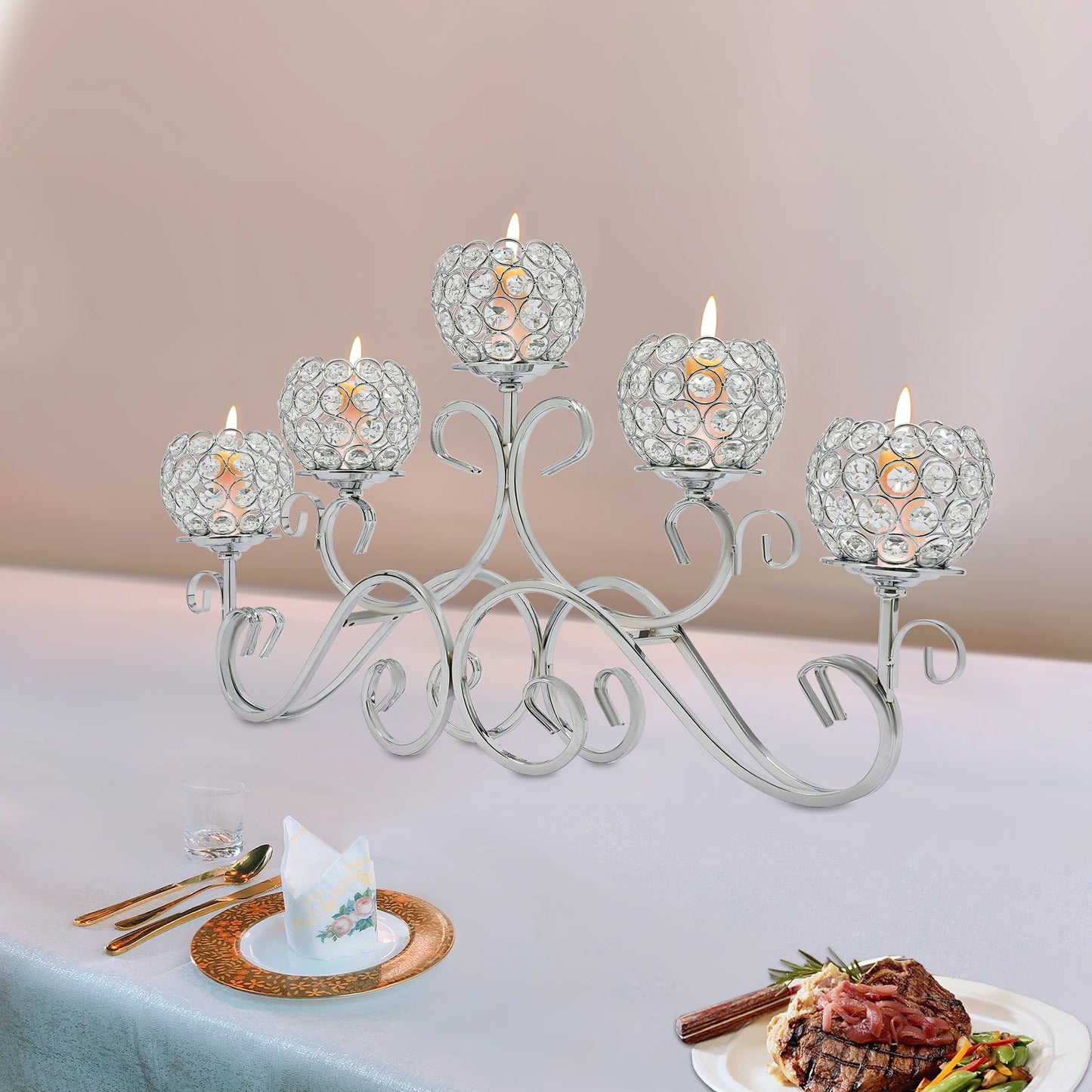 5 Arms 25.2In Crystal Candle Holder, Silver Candelabra
