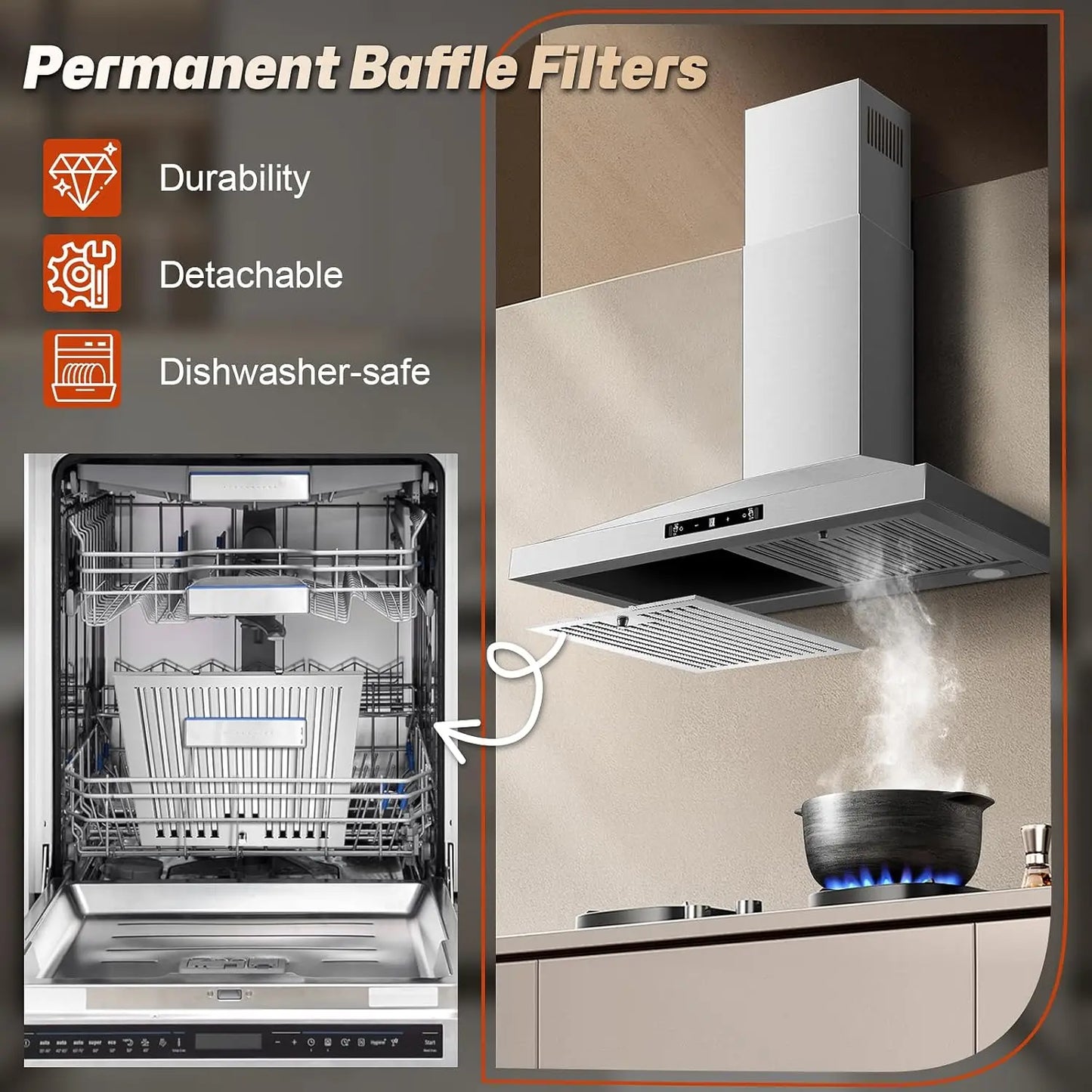 24 Inch Wall Mount 450CFM Stainless Kitchen Vent Gesture Sensing & Touch Control 3 Speed Range Hood