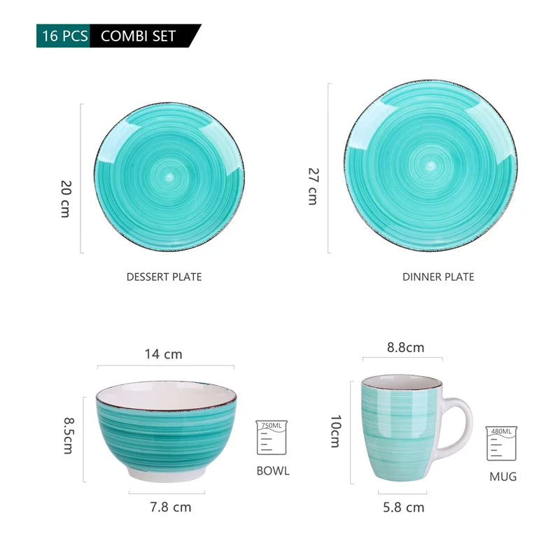 16Pcs Porcelain Dinnerware Set Vintage Ceramic Plate Set with Dinner Plate/Dessert Plate/Bowl/Mug Set