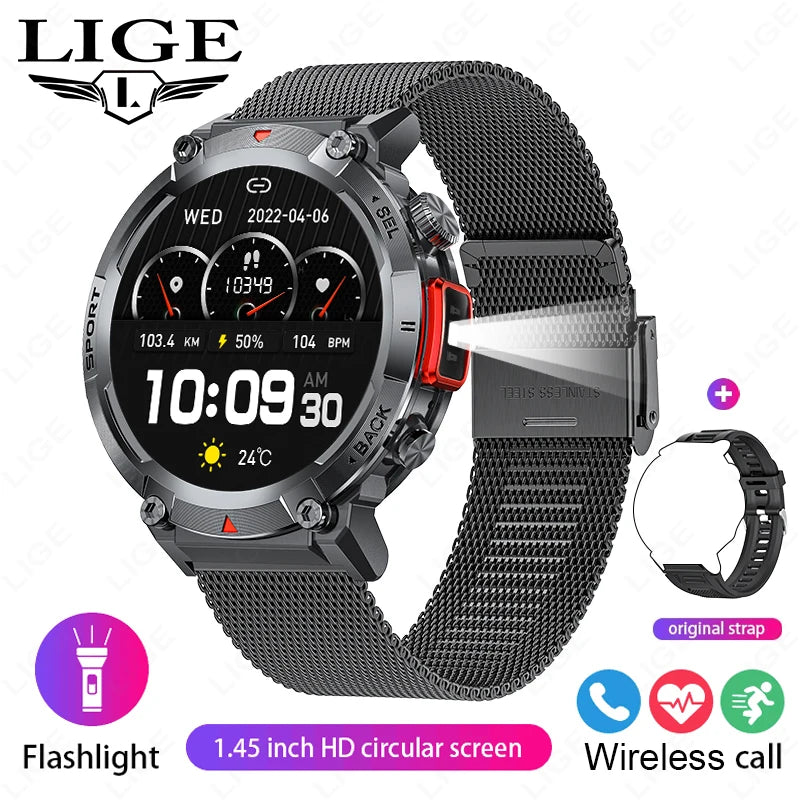 LIGE Military Grade New Outdoor Sports Men Smart Watch AMOLED Full Touch Screen With LED Flashlight Bluetooth Calling SmartWatch