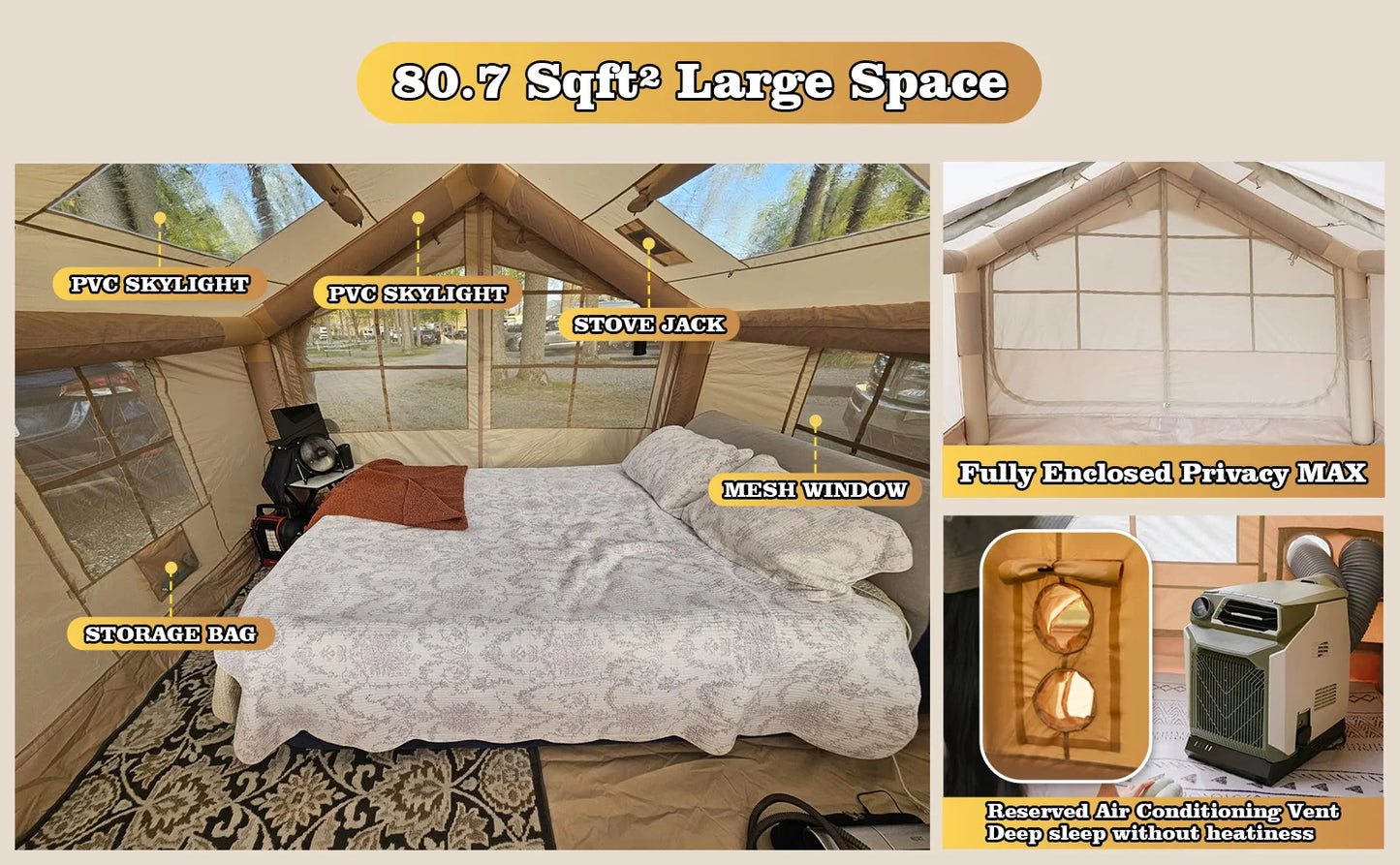 80.7 Square Feet Inflatable Tent with Air Conditioning Vent,4 Season Camping,Waterproof Oxford Fabric