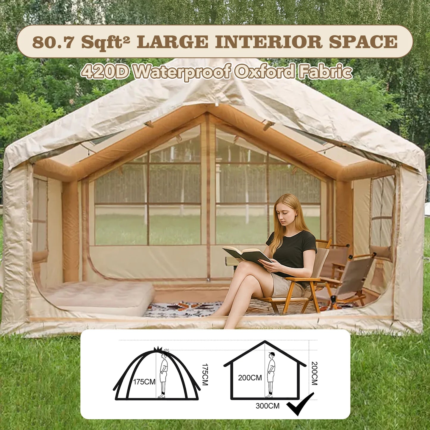 80.7 Square Feet Inflatable Tent with Air Conditioning Vent,4 Season Camping,Waterproof Oxford Fabric