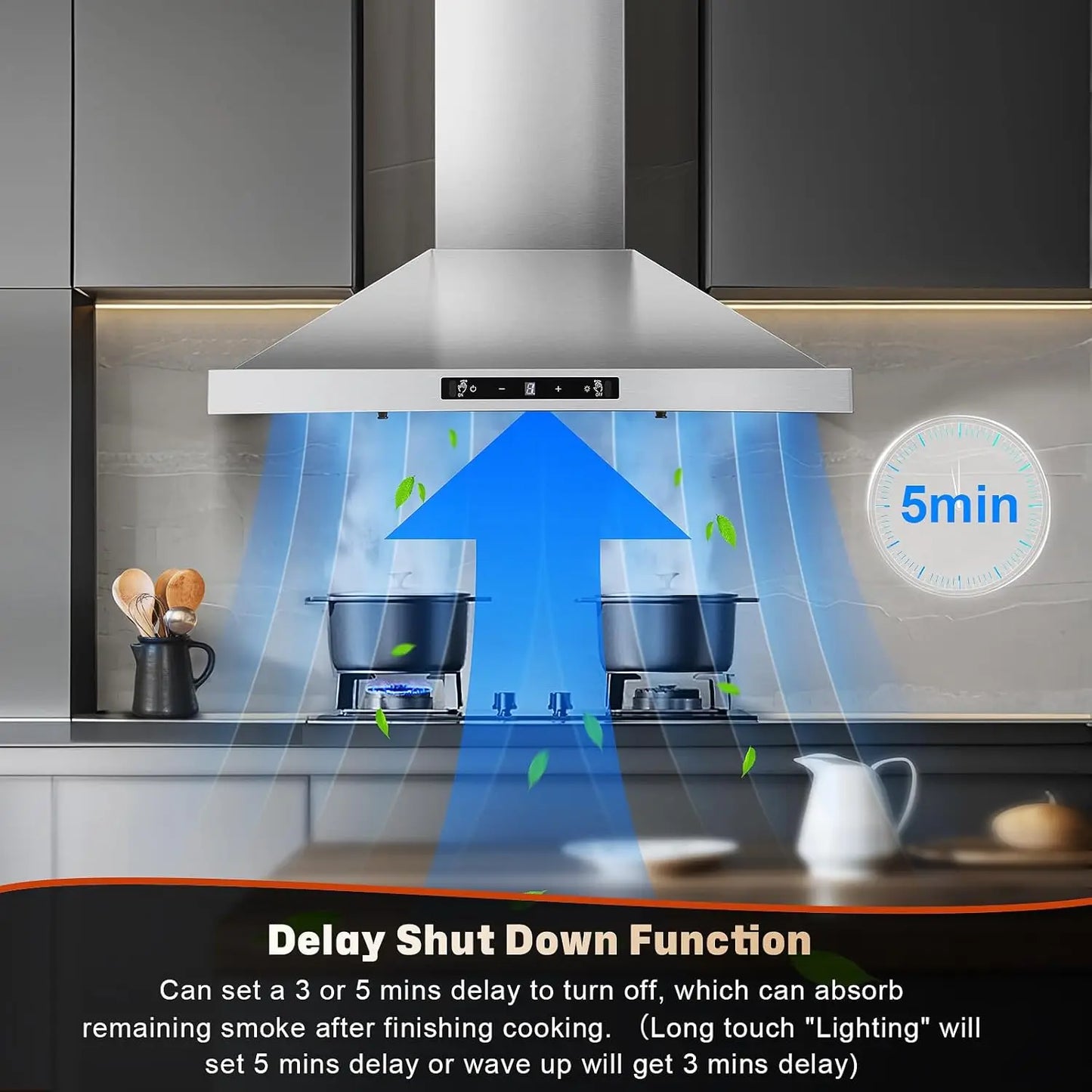 24 Inch Wall Mount 450CFM Stainless Kitchen Vent Gesture Sensing & Touch Control 3 Speed Range Hood
