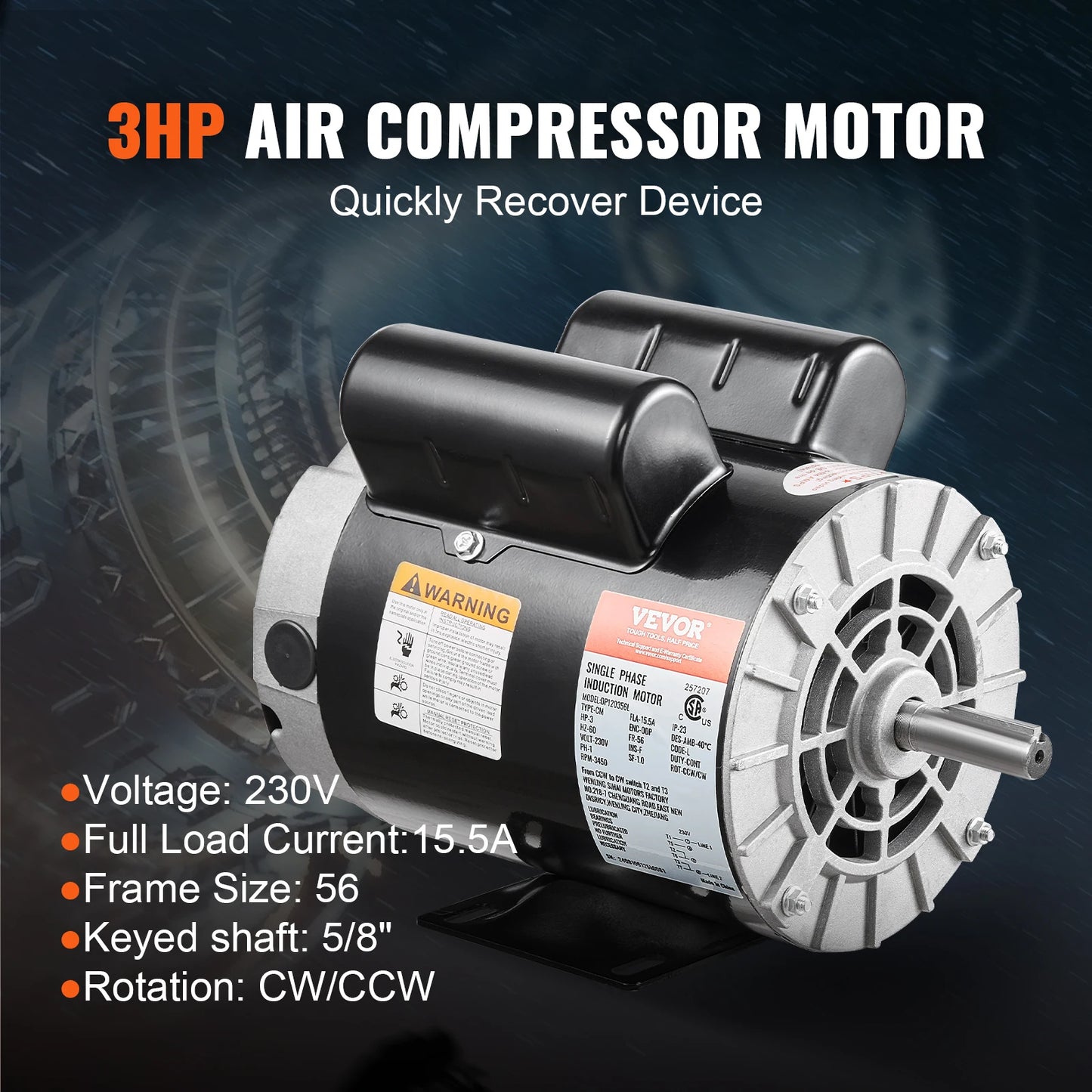 2/3/3.7HP Air Compressor Motor 230V Single Phase Electric Motor 3450RPM
