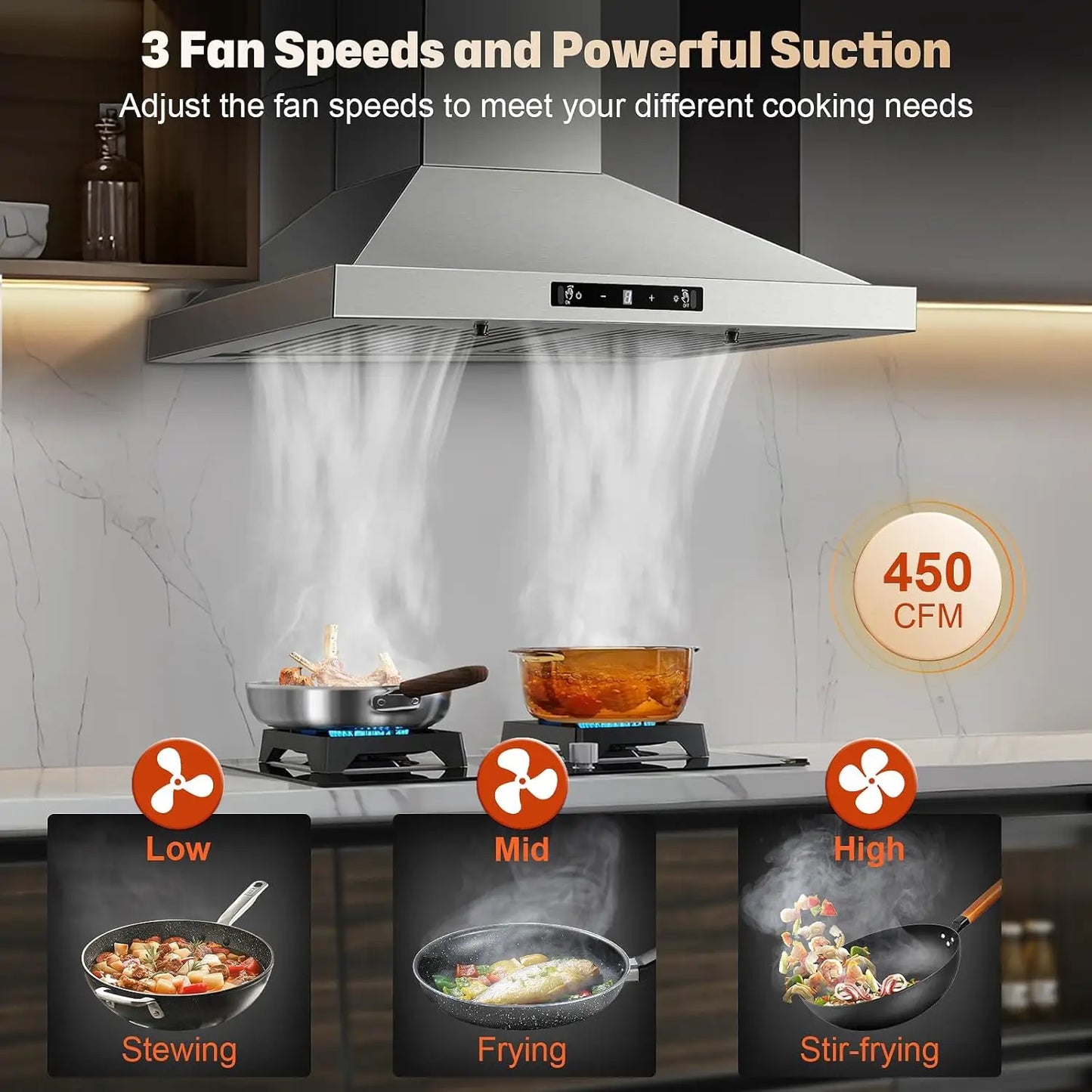 24 Inch Wall Mount 450CFM Stainless Kitchen Vent Gesture Sensing & Touch Control 3 Speed Range Hood