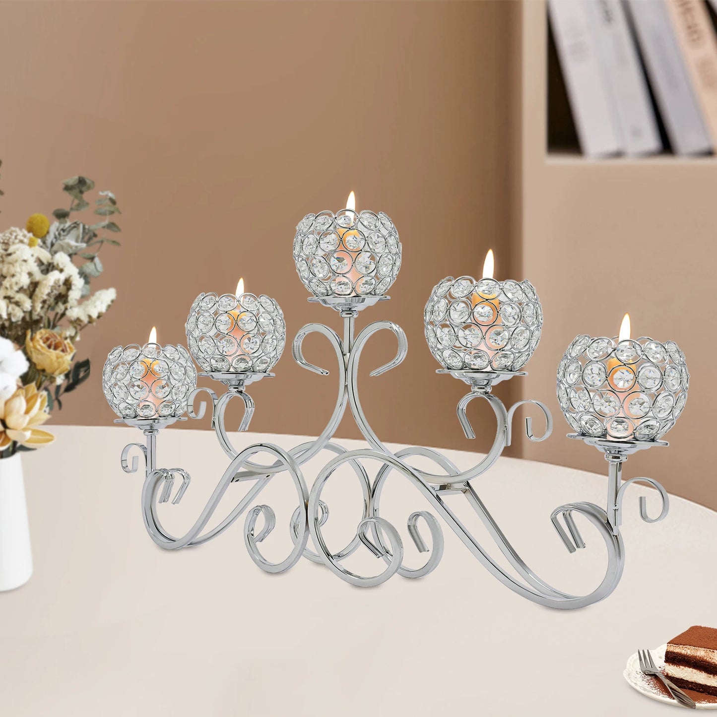 5 Arms 25.2In Crystal Candle Holder, Silver Candelabra