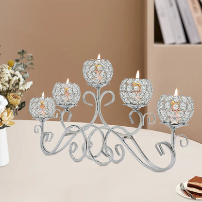 5 Arms 25.2In Crystal Candle Holder, Silver Candelabra