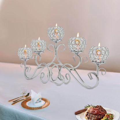 5 Arms 25.2In Crystal Candle Holder, Silver Candelabra