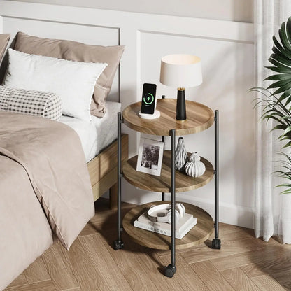 Side Table, 3-Tier Modern End Table with Wheels,