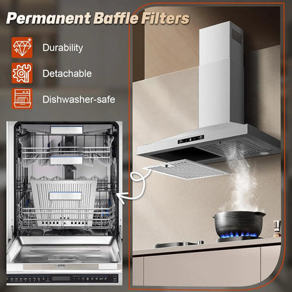 24 Inch Wall Mount 450CFM Stainless Kitchen Vent Gesture Sensing & Touch Control 3 Speed Range Hood