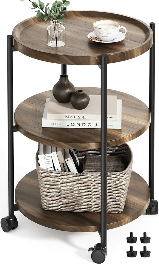 Side Table, 3-Tier Modern End Table with Wheels,