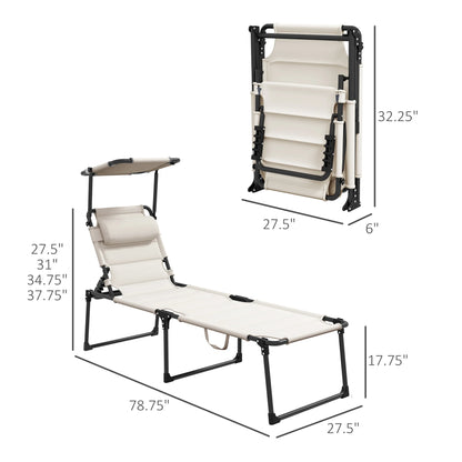 Adjustable Folding Chaise Lounge with Sun Roof for Outdoor, Cream