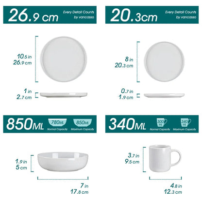16Piece Ceramic Stoneware Dinner Plates Set with 4*Dinner Plate/Dessert Plate/850ml Bowl/340ml Mug Tableware Set