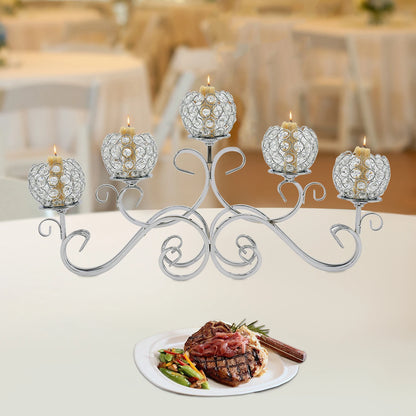 5 Arms 25.2In Crystal Candle Holder, Silver Candelabra