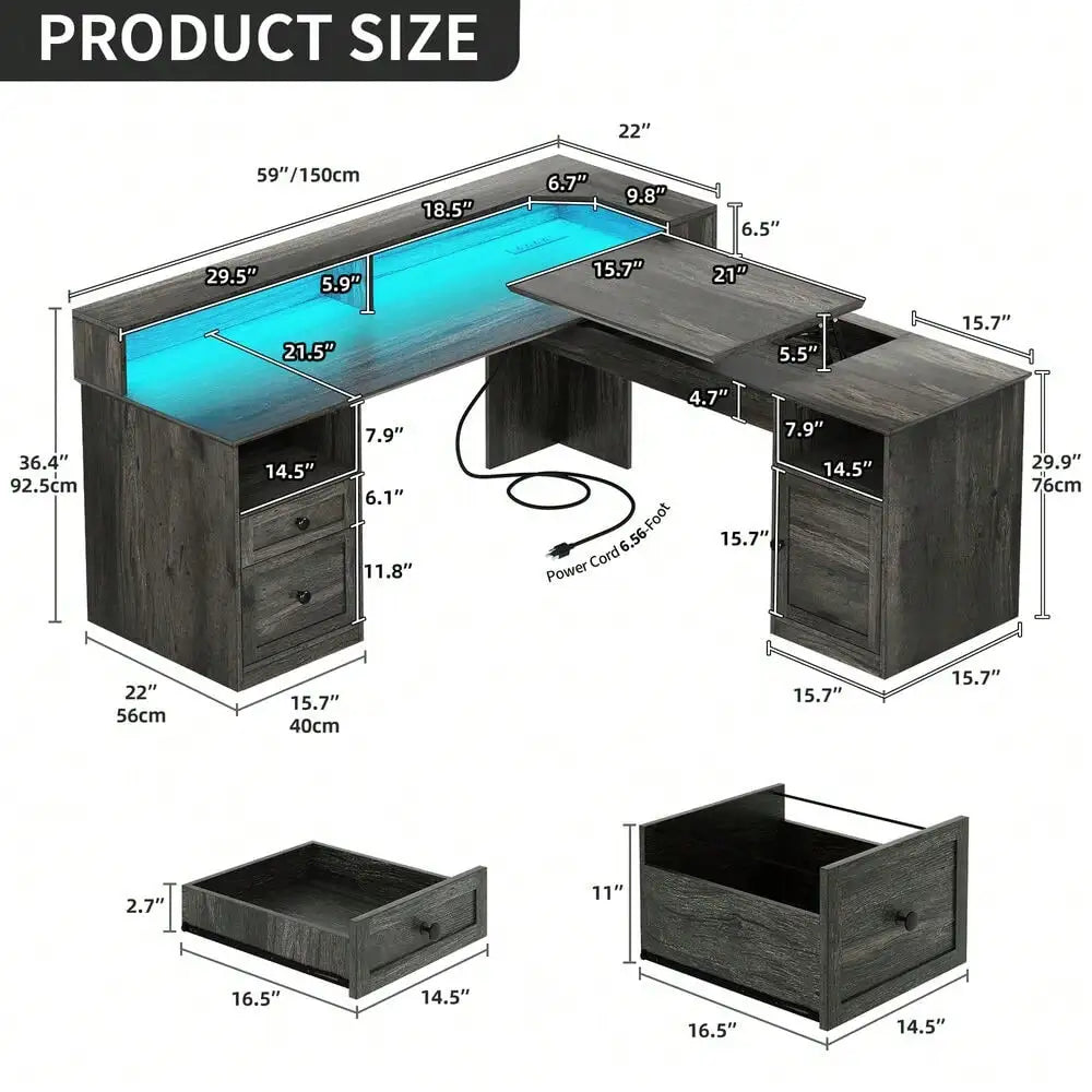 L Shaped Desk Lift Top Corner Computer Desk w/ Drawers