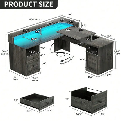 L Shaped Desk Lift Top Corner Computer Desk w/ Drawers