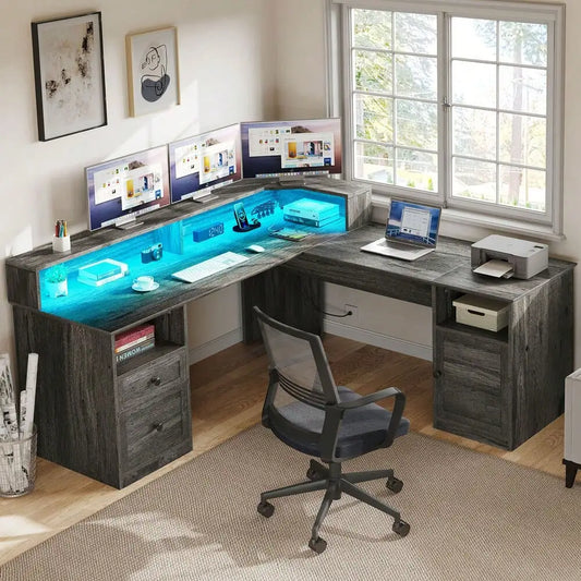 L Shaped Desk Lift Top Corner Computer Desk w/ Drawers