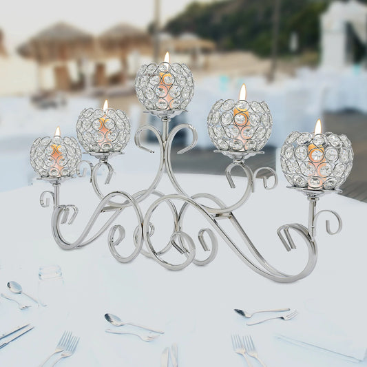 5 Arms 25.2In Crystal Candle Holder, Silver Candelabra