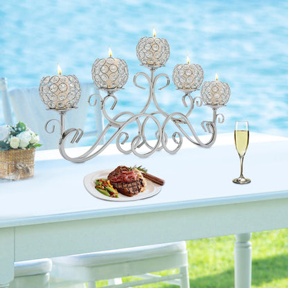 5 Arms 25.2In Crystal Candle Holder, Silver Candelabra