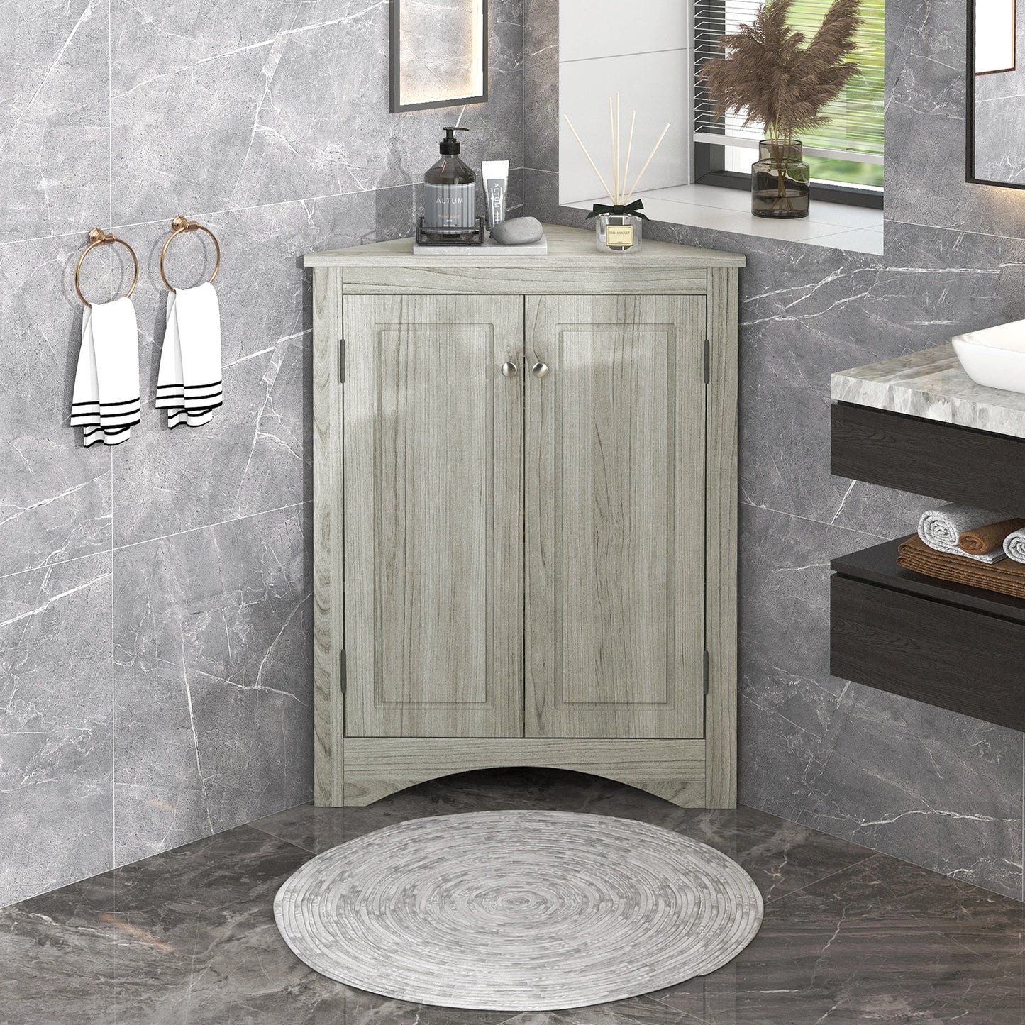 Oak Triangle Bathroom Storage Cabinet
