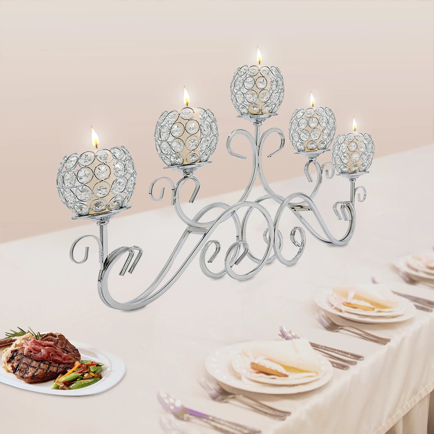 5 Arms 25.2In Crystal Candle Holder, Silver Candelabra
