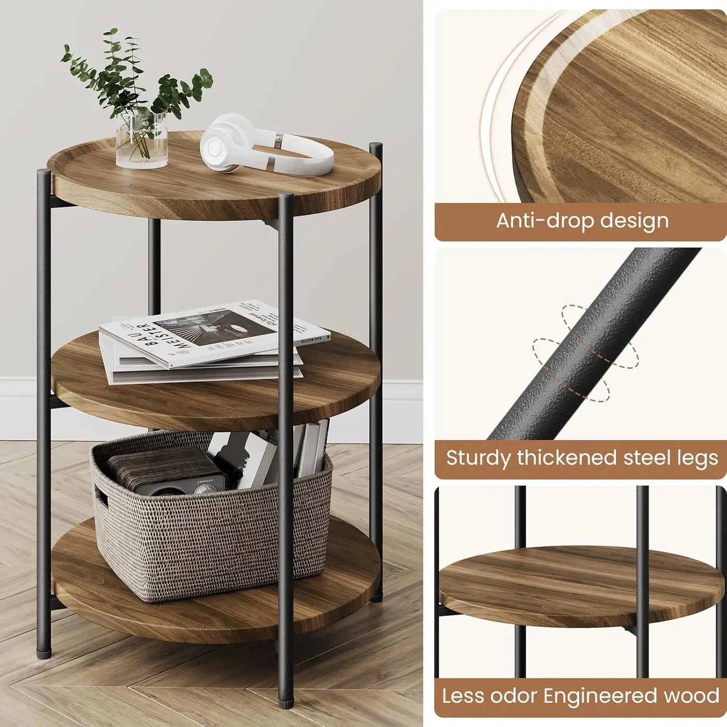 Side Table, 3-Tier Modern End Table with Wheels,