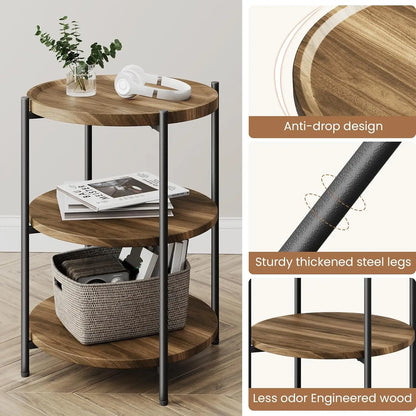 Side Table, 3-Tier Modern End Table with Wheels,
