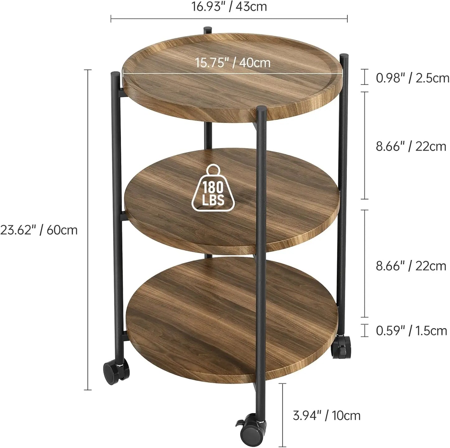 Side Table, 3-Tier Modern End Table with Wheels,