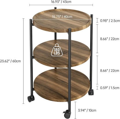 Side Table, 3-Tier Modern End Table with Wheels,