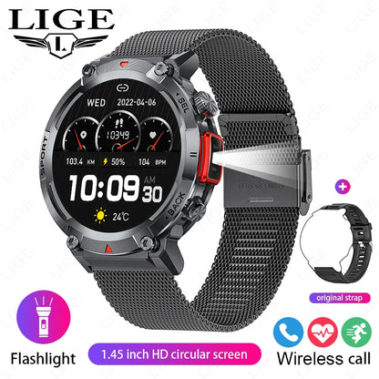 LIGE Military Grade New Outdoor Sports Men Smart Watch AMOLED Full Touch Screen With LED Flashlight Bluetooth Calling SmartWatch