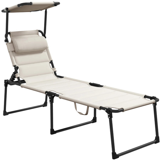 Adjustable Folding Chaise Lounge with Sun Roof for Outdoor, Cream