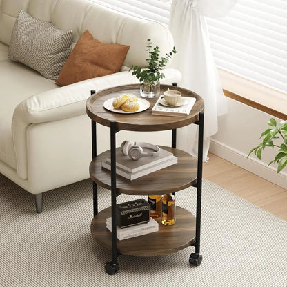 Side Table, 3-Tier Modern End Table with Wheels,