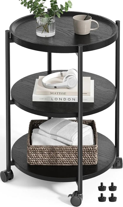Side Table, 3-Tier Modern End Table with Wheels,