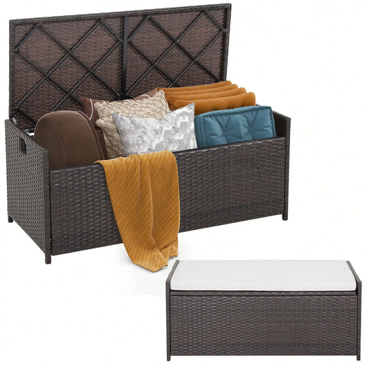 34 Gallon Outdoor Storage Patio Bench Wicker Deck Box w/ White Cushion