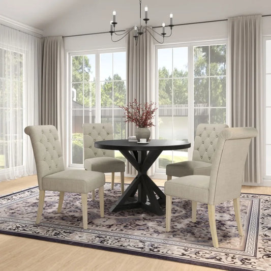 Banff 5piece Dining Set CrossBuck Round Table with 4 Tufted Chairs TAN