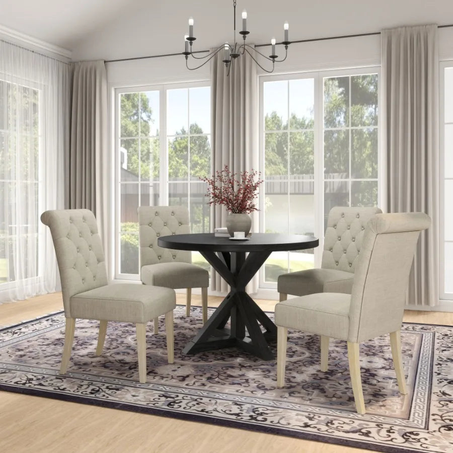 Banff 5piece Dining Set CrossBuck Round Table with 4 Tufted Chairs TAN