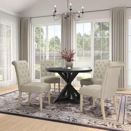 Banff 5piece Dining Set CrossBuck Round Table with 4 Tufted Chairs TAN