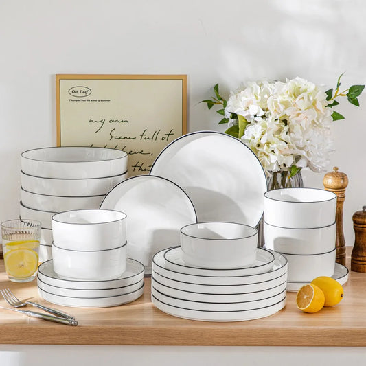MALACASA 12/16/18/24 Piece Dinner Plates Sets Black Rim Half Standing Edge Dinnerwar with 4/6PCS Dinner Plate/Dessert/Soup/Bowl