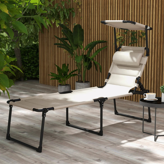Adjustable Folding Chaise Lounge with Sun Roof for Outdoor, Cream