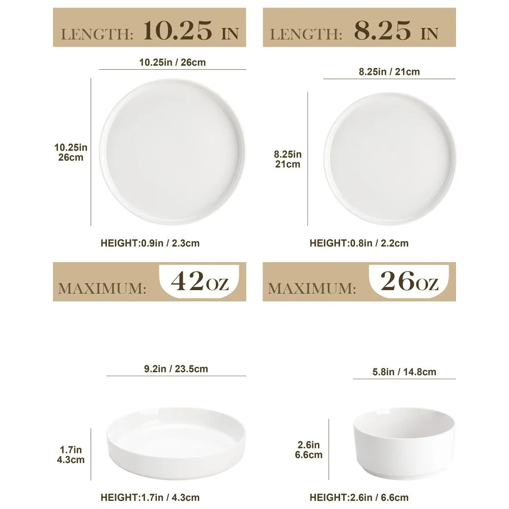 MALACASA 12/16/18/24 Piece Dinner Plates Sets Black Rim Half Standing Edge Dinnerwar with 4/6PCS Dinner Plate/Dessert/Soup/Bowl