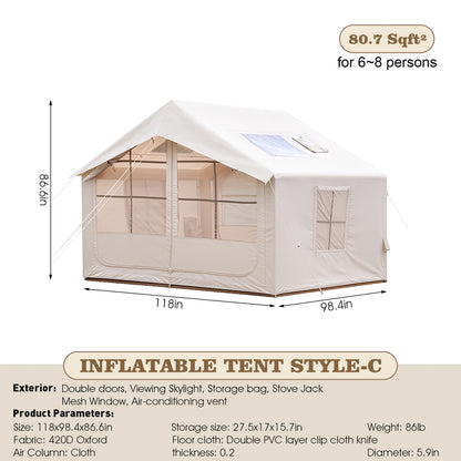 80.7 Square Feet Inflatable Tent with Air Conditioning Vent,4 Season Camping,Waterproof Oxford Fabric