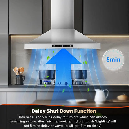 24 Inch Wall Mount 450CFM Stainless Kitchen Vent Gesture Sensing & Touch Control 3 Speed Range Hood