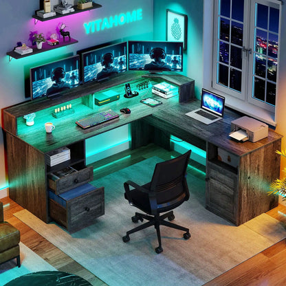 L Shaped Desk Lift Top Corner Computer Desk w/ Drawers