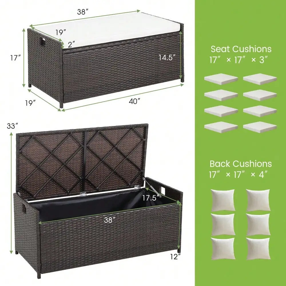 34 Gallon Outdoor Storage Patio Bench Wicker Deck Box w/ White Cushion