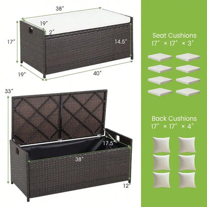 34 Gallon Outdoor Storage Patio Bench Wicker Deck Box w/ White Cushion