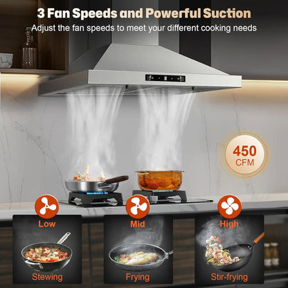 24 Inch Wall Mount 450CFM Stainless Kitchen Vent Gesture Sensing & Touch Control 3 Speed Range Hood